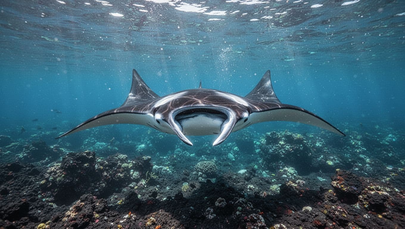 A manta ray glides above a volcanic reef in clear blue Hawaiian water.