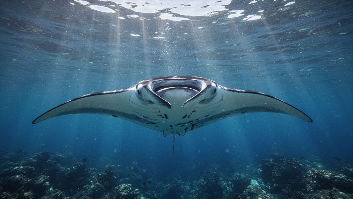 A massive manta ray swims gracefully through vibrant deep blue Hawaiian waters. Sunbeams pierce the surface, casting ethereal light across the creature's expansive, dark wings as it drifts silently toward the depths.