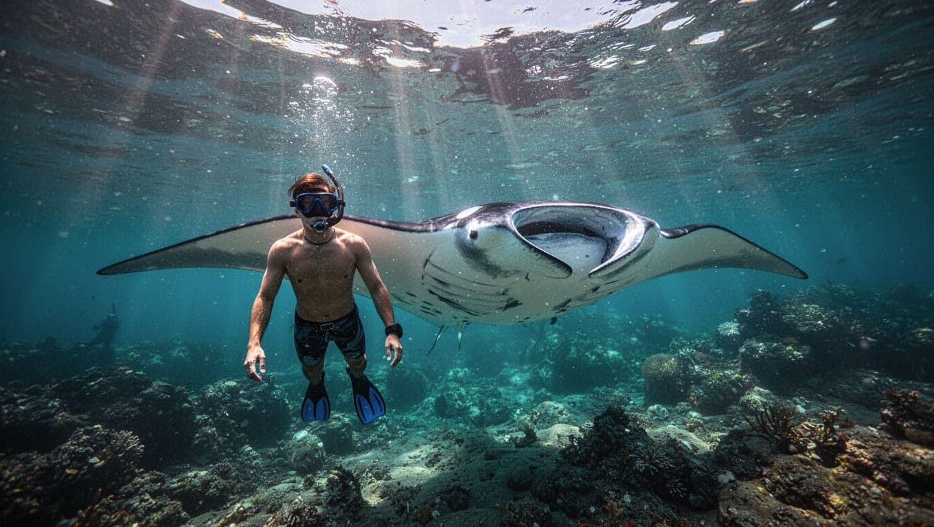 Realistic underwater scene in clear Hawaiian waters featuring a snorkeler next to a large manta ray, highlighting the ray's wingspan for size comparison. Cinematic lighting with turquoise accents and dramatic contrast, no text or interaction.