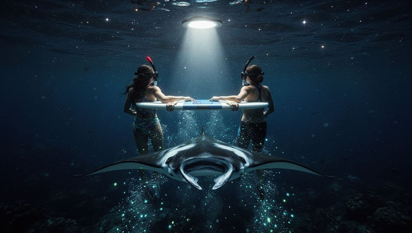 A manta ray swims beneath a glowing board as one snorkeler watches from behind.