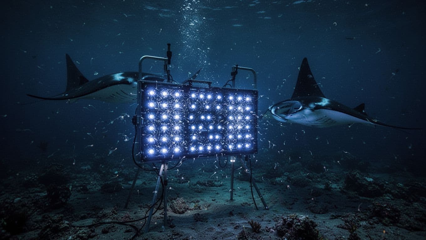 Custom-built manta ray light board submerged in dark ocean waters off Kona, Big Island, Hawaii at night, powerful blue lights illuminating swarms of plankton particles as a large manta ray glides towards it from the shadows.