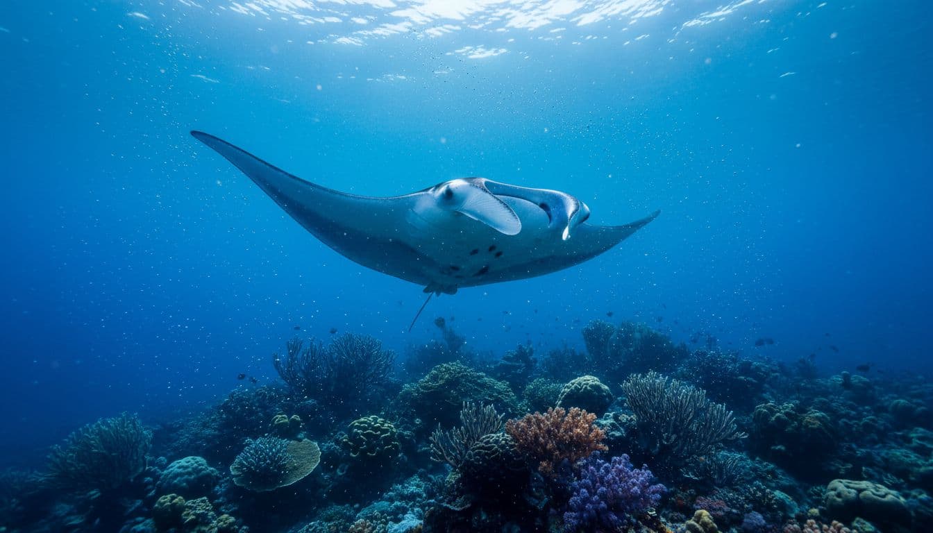 Manta ray glides in clear Kona waters with wide wingspan, long tail, floating plankton, and coral reef background.