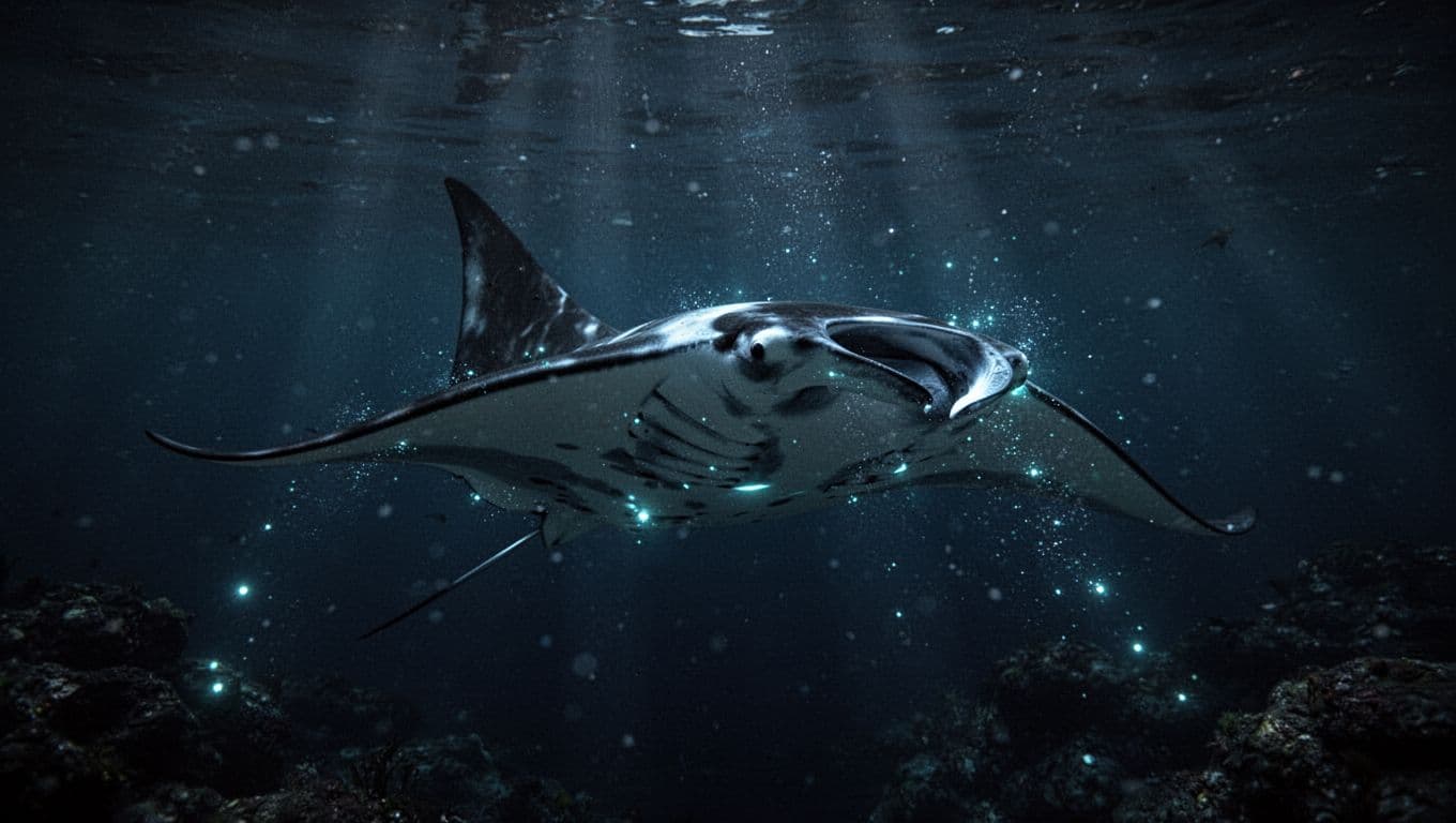 A manta ray swims through dark water above glowing blue lights.