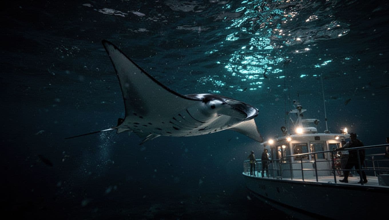 A wide manta ray glides through the dark ocean, illuminated by bright spotlights shining down from a snorkel boat. Sparkling cyan ripples illuminate the creature's back in this dramatic nocturnal scene.