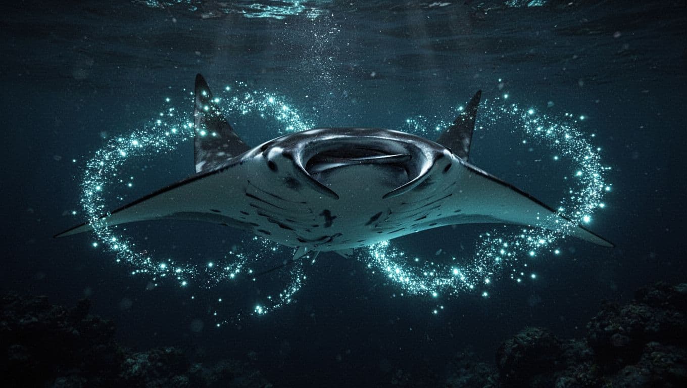 A graceful giant manta ray glides through the dark ocean, illuminated by bright cyan underwater lights. The high contrast highlights its sleek form against the deep navy backdrop of the sea.