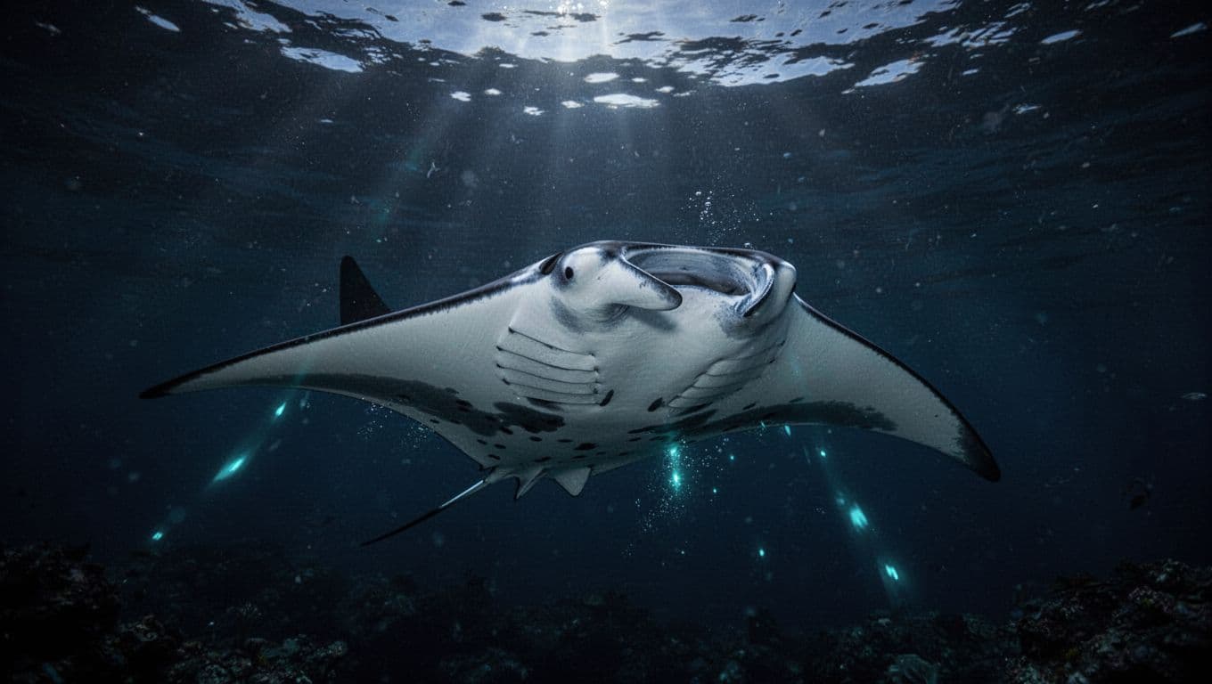 A large manta ray swimming through dark blue ocean water at night.