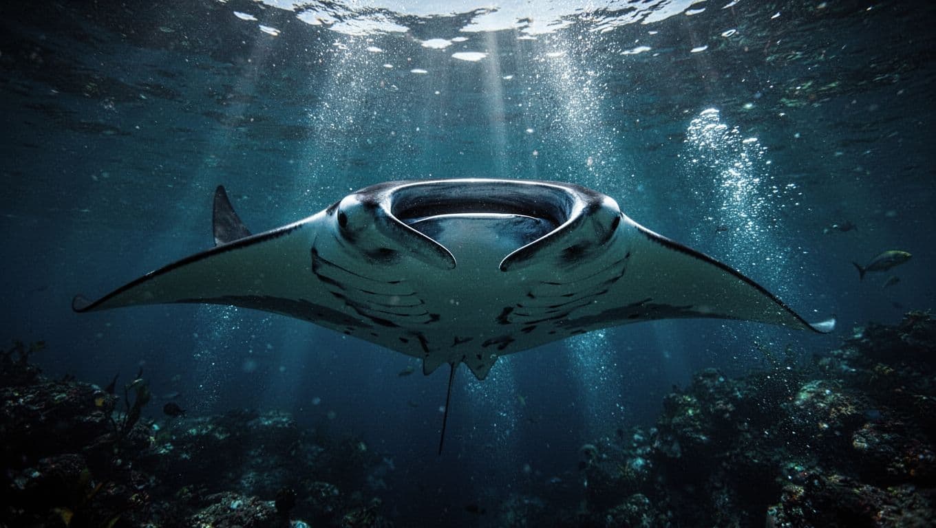 A manta ray gliding through dark water beneath bright blue lights.