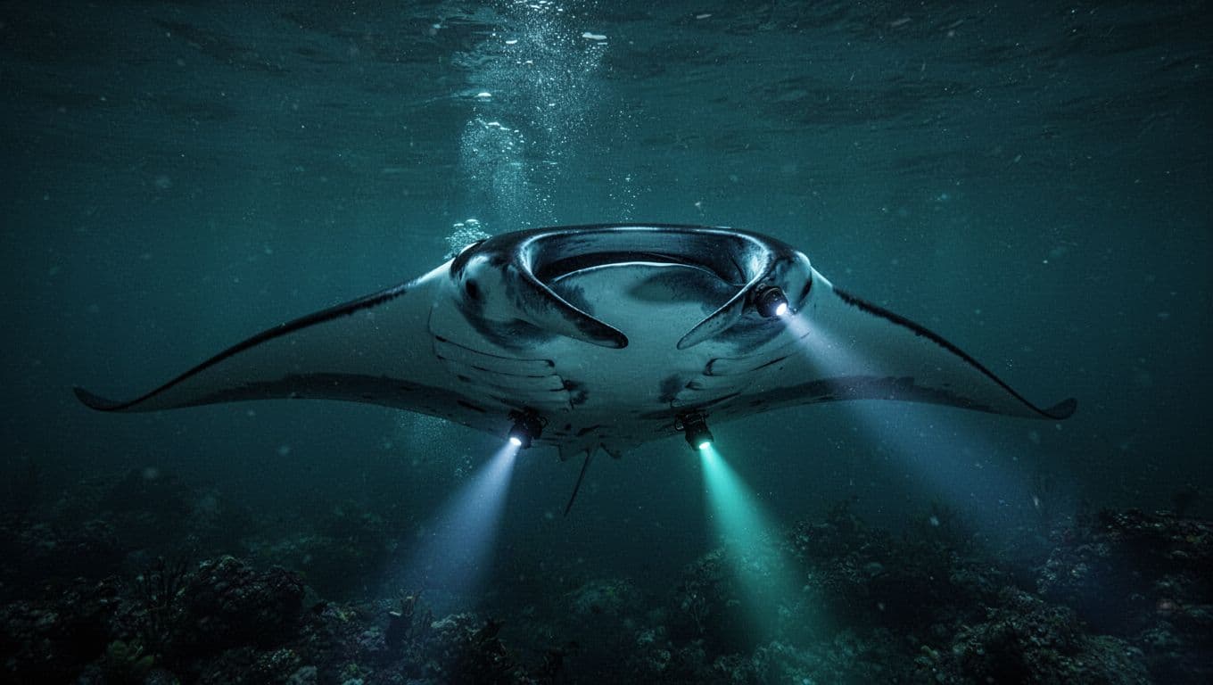 A manta ray gliding through dark turquoise water under blue and cyan lights.