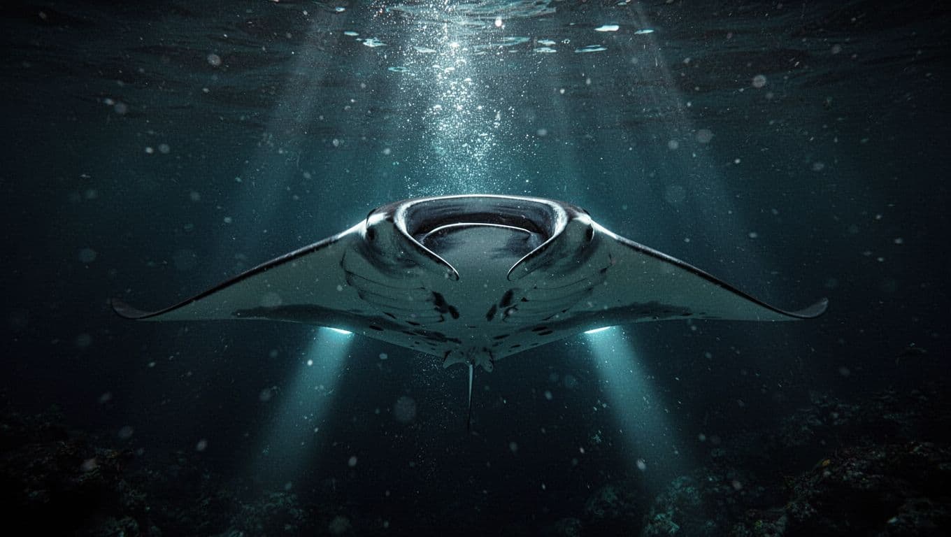 A manta ray glides through dark water above bright cyan lights.