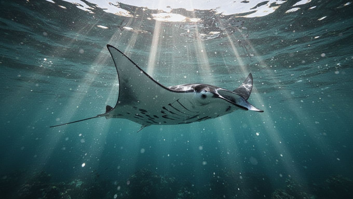 A manta ray gliding upward through dark cyan water with sunbeams streaming from above.