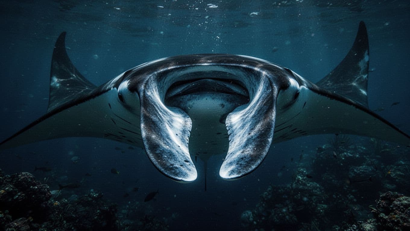 Close-up of a manta ray feeding in dark blue ocean water.