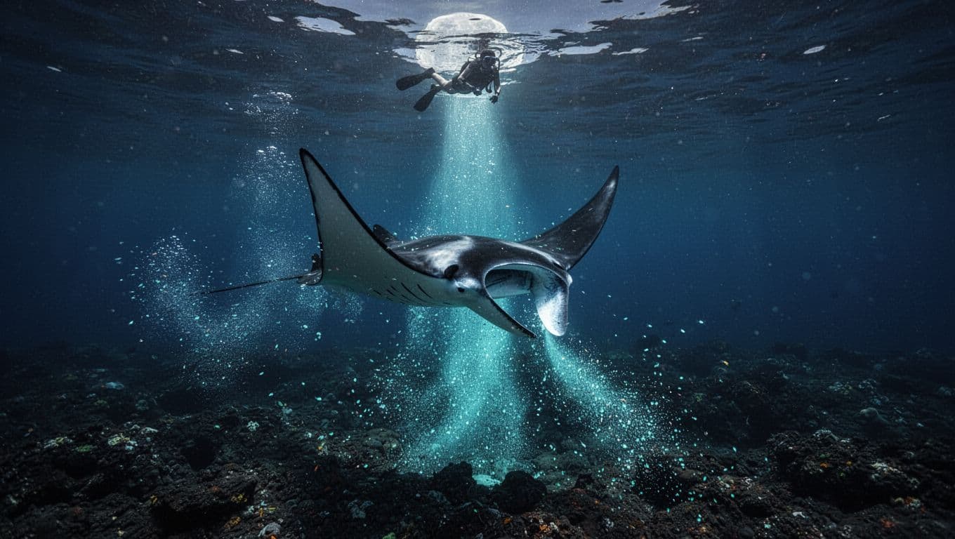 A manta ray feeds in a cyan-lit Hawaiian night ocean with a distant snorkeler above.