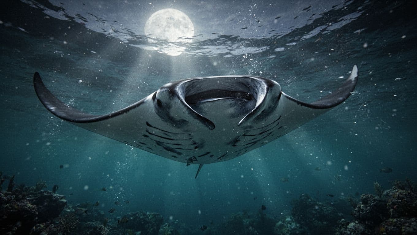 A manta ray feeds in cyan water with its mouth and spiracles visible.