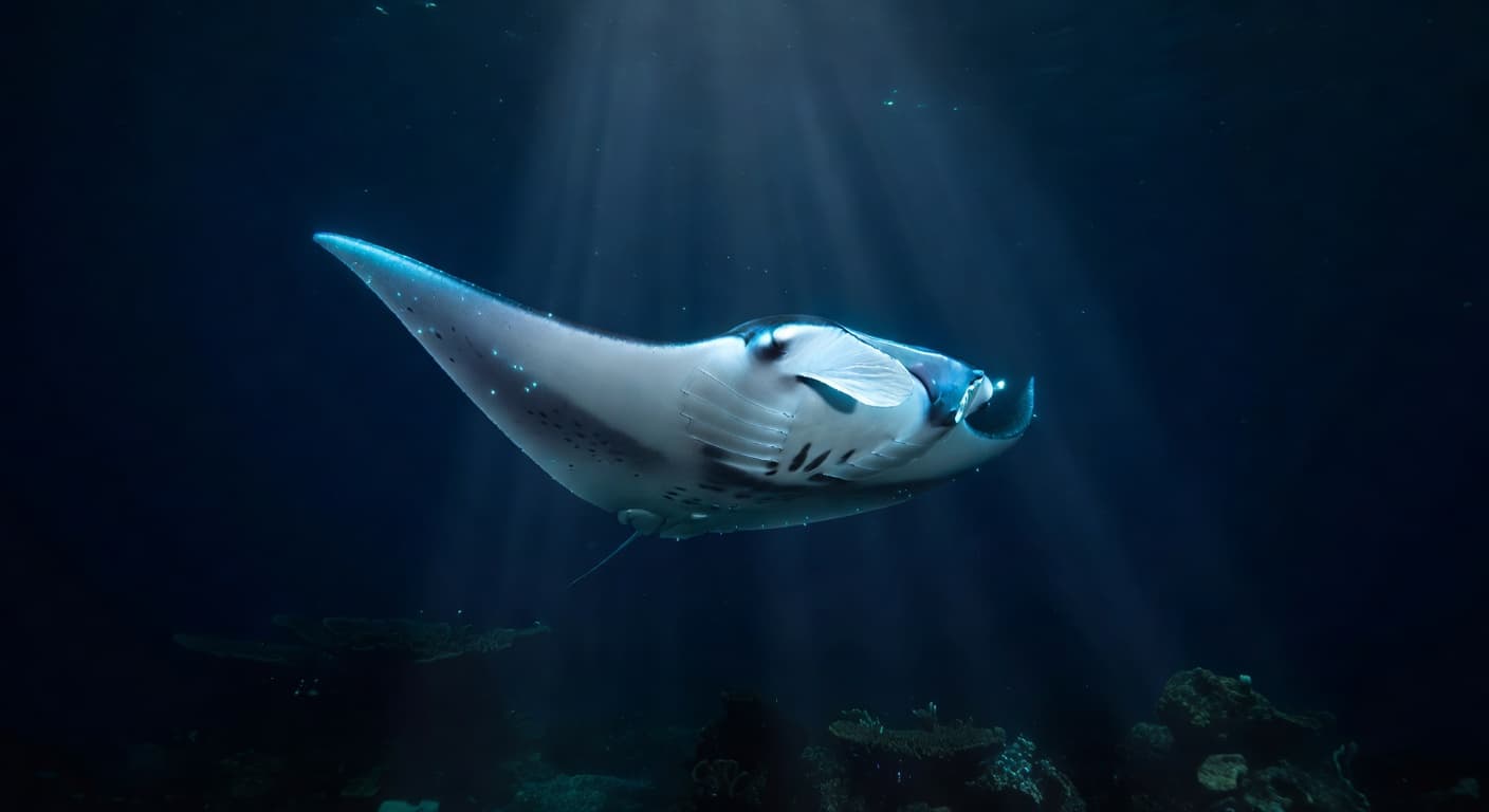 A massive manta ray swims through deep blue oceanic waters at night. Bioluminescent cyan highlights shimmer along its expansive wingspan while the creature moves gracefully toward the dark abyss below.