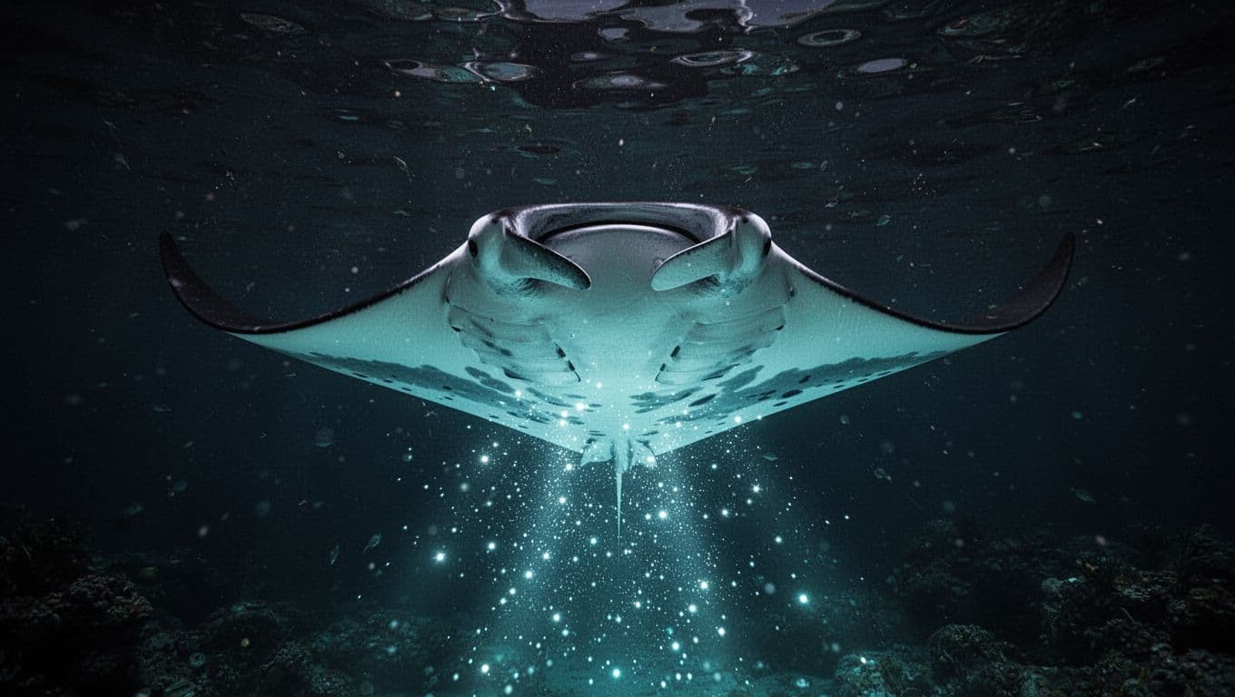 A solitary manta ray glides through the dark ocean at night. Shimmering cyan light from beneath illuminates the creature's underbelly, highlighting its intricate textures against the deep, mysterious surrounding sea waters.