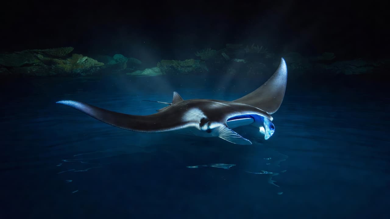 A graceful manta ray swims through deep blue ocean waters while glowing artificial lights illuminate its underside. Sparkling cyan particles drift through the darkness, creating a dramatic sense of depth.