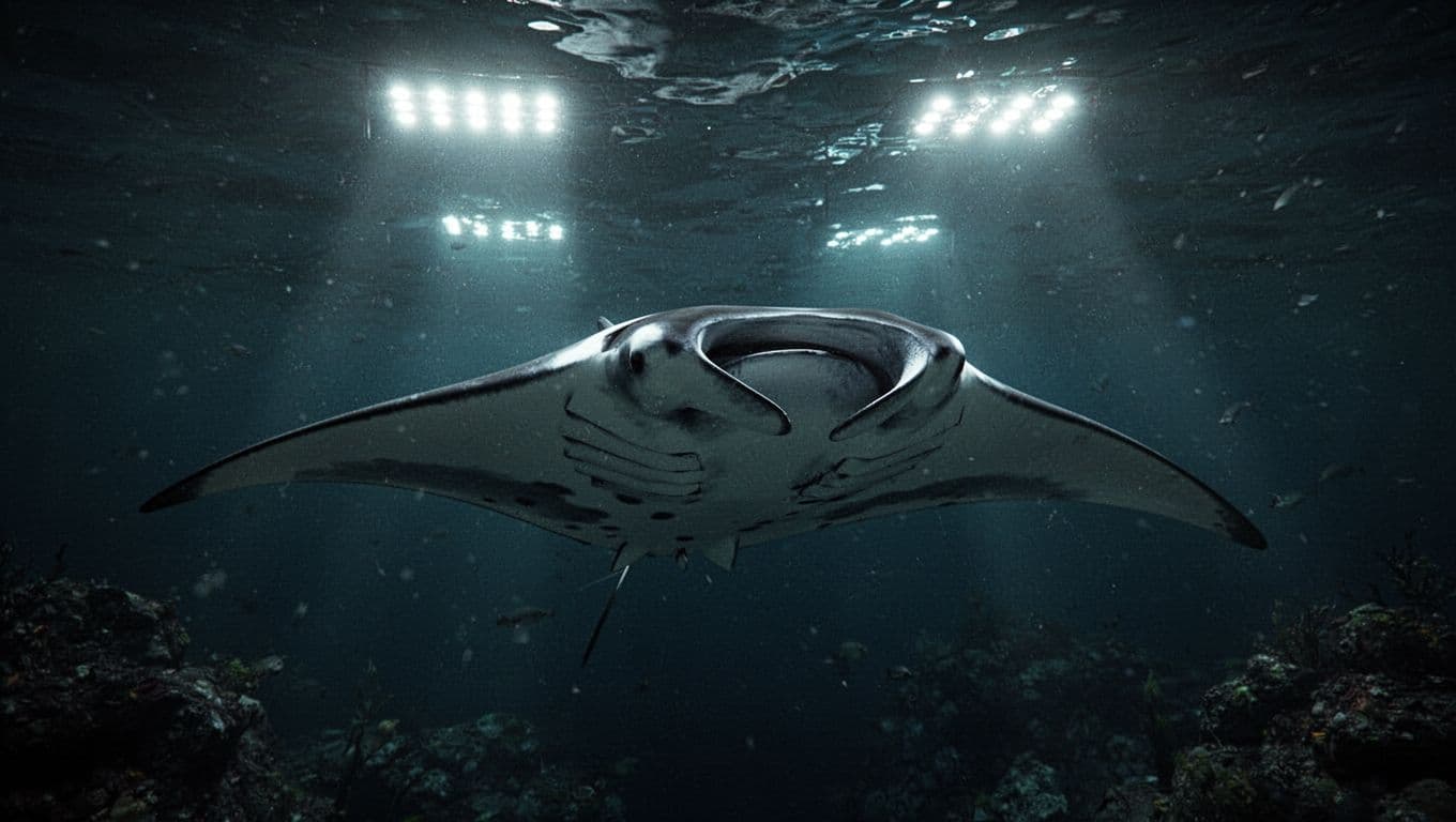 A majestic manta ray glides through dark, deep ocean waters, its dark skin highlighted by ethereal cyan beams filtering from the surface. The scene captures a peaceful, silent underwater encounter.