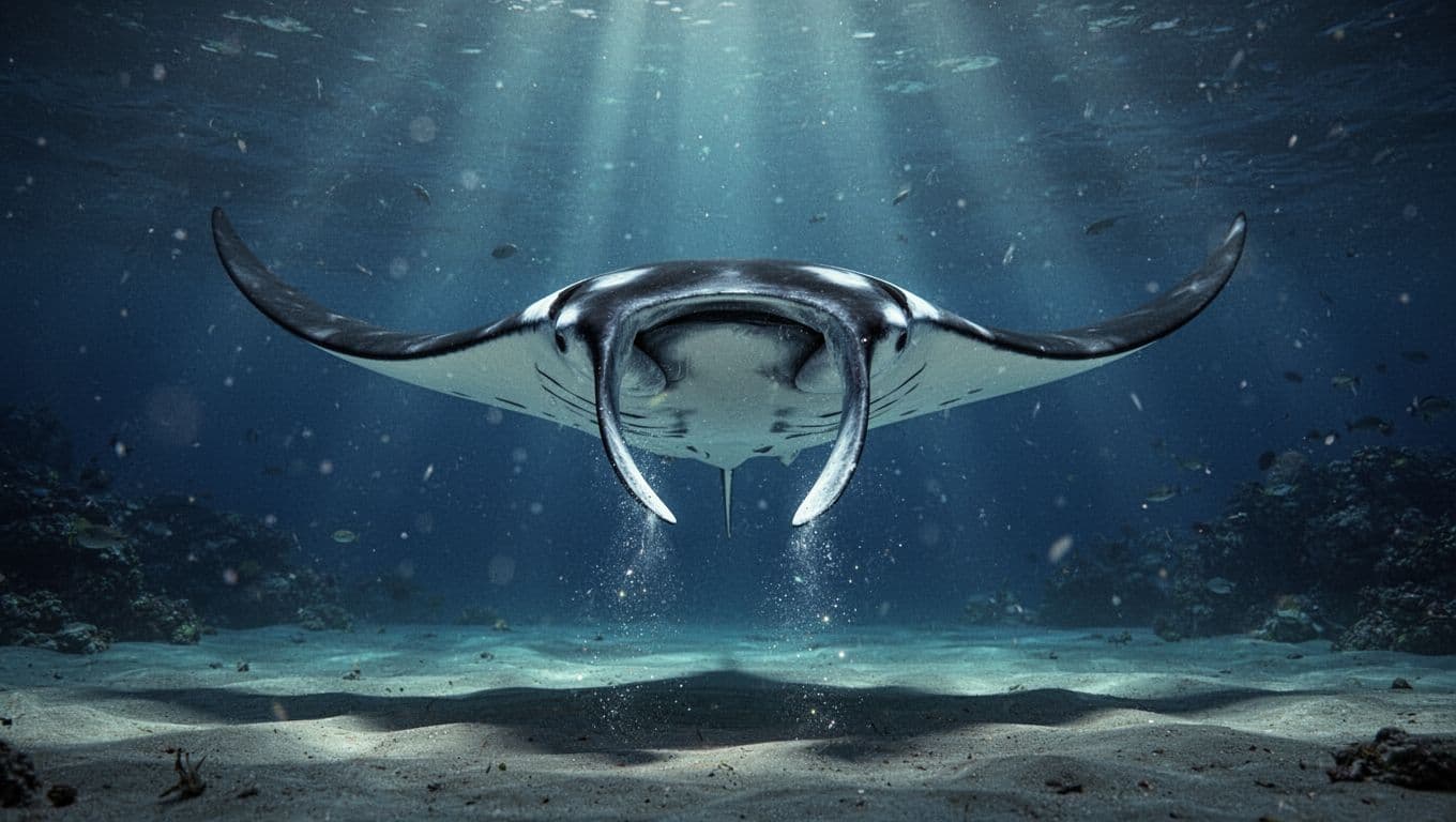 A manta ray swims above a sandy seafloor in deep blue water.