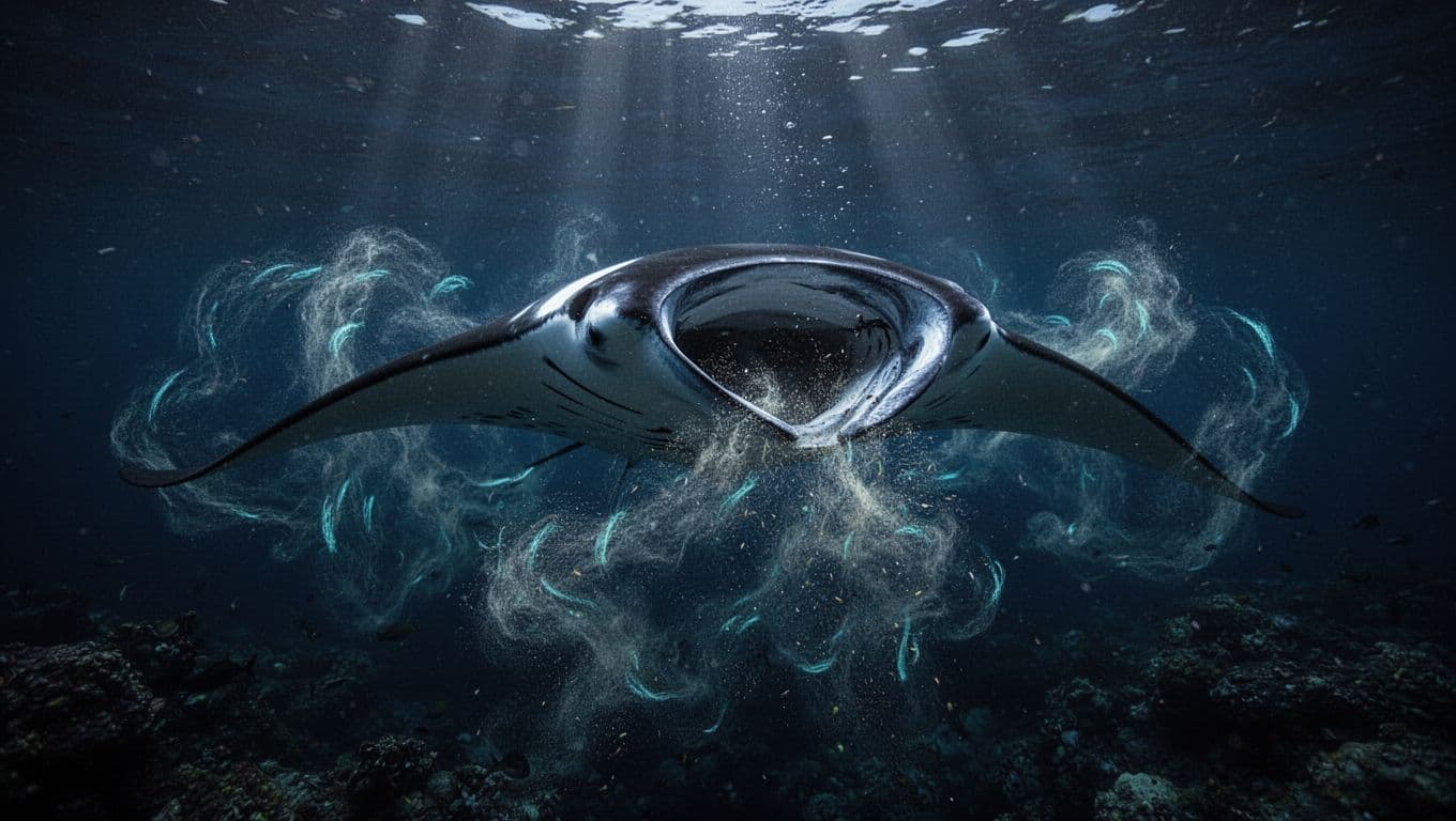 Reef manta ray glides through dark ocean at night, mouth open filtering dense plankton cloud with surface light beams.