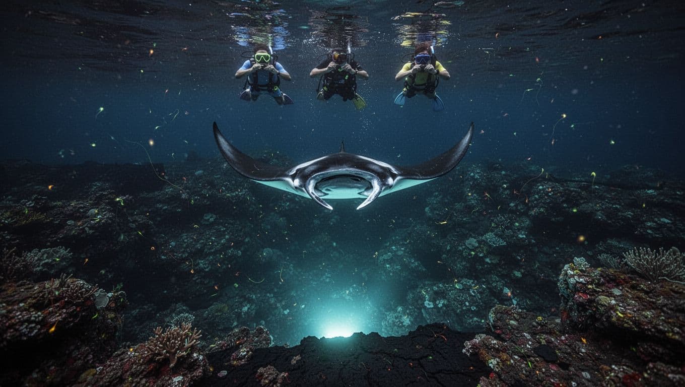 A manta ray swims above a reef as three snorkelers watch from the surface.