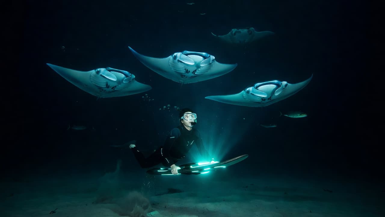 A snorkeler swims in dark water with glowing cyan lights and manta rays.