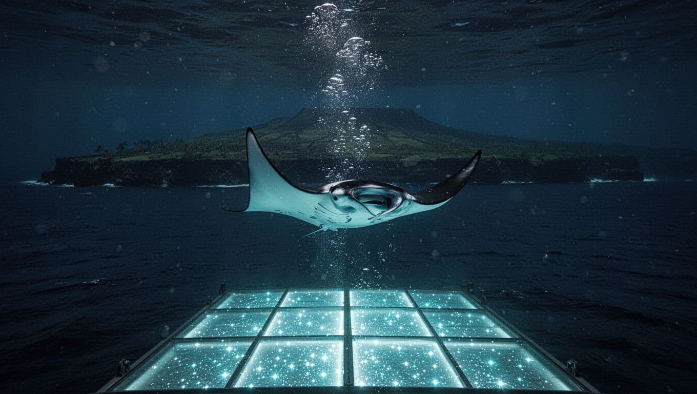 A manta ray glides over a glowing underwater light in dark Pacific water.