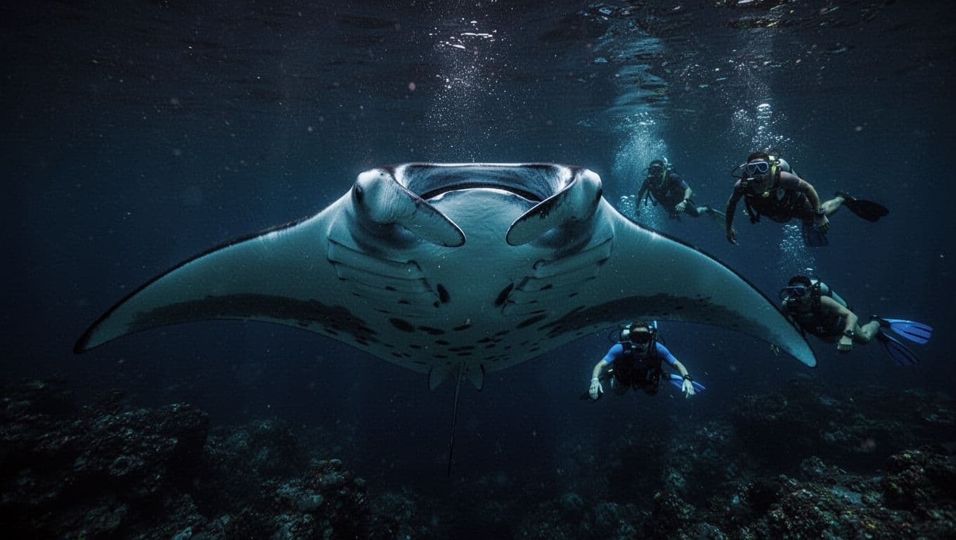 A giant manta ray swims near snorkelers under blue and cyan lights at night.