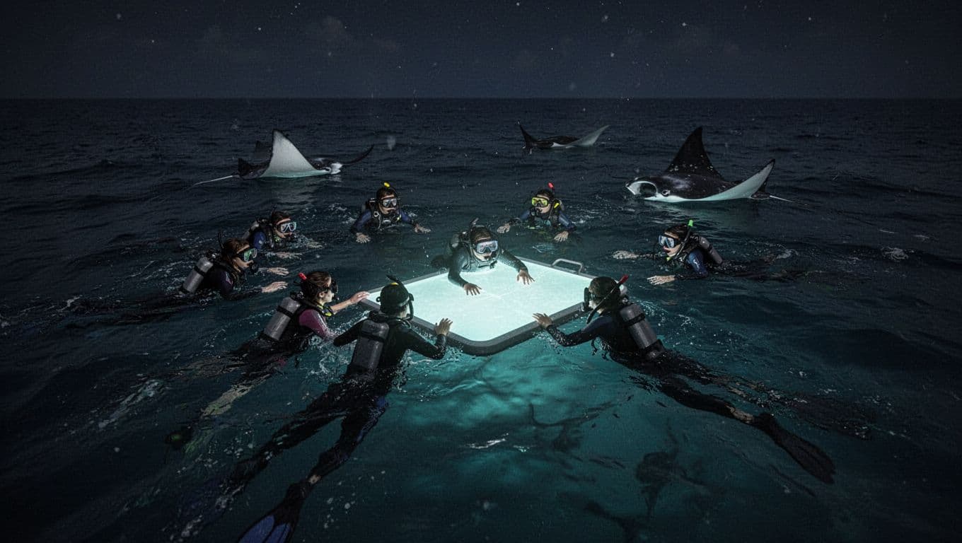 Group of snorkelers float in deep ocean water around a rectangular light board that illuminates the dark sea. Graceful manta rays glide near the surface while glowing cyan beams cut through shadows.