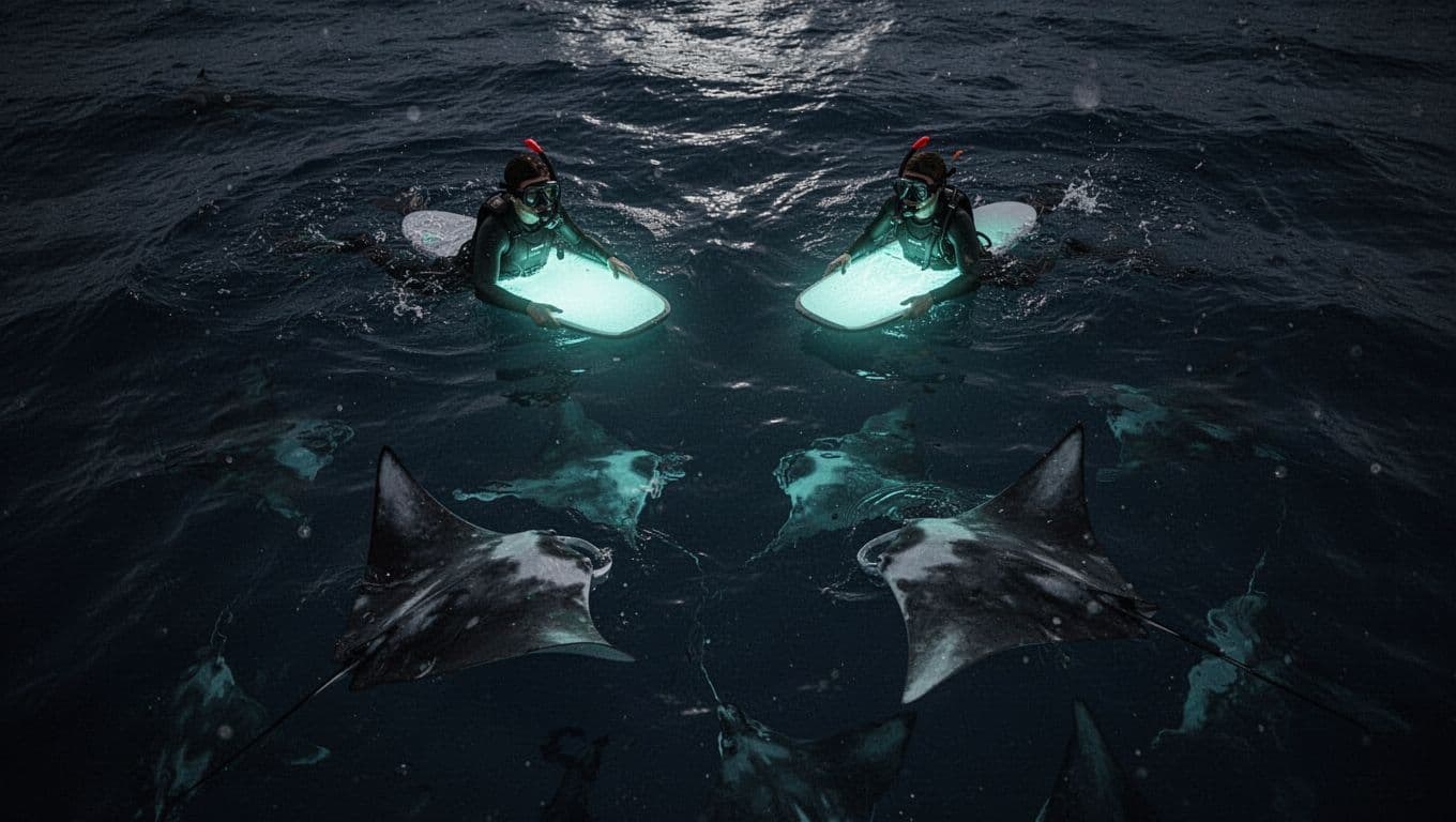 Snorkelers in a circle on the water surface watching manta rays glide below them at night.