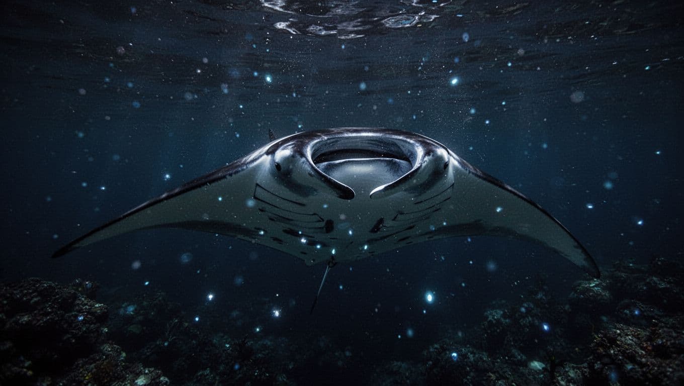 A massive manta ray glides through the dark Pacific ocean at night. Bioluminescent reflections trace the animal's expansive wings as it moves silently through the deep, clear, and serene water.
