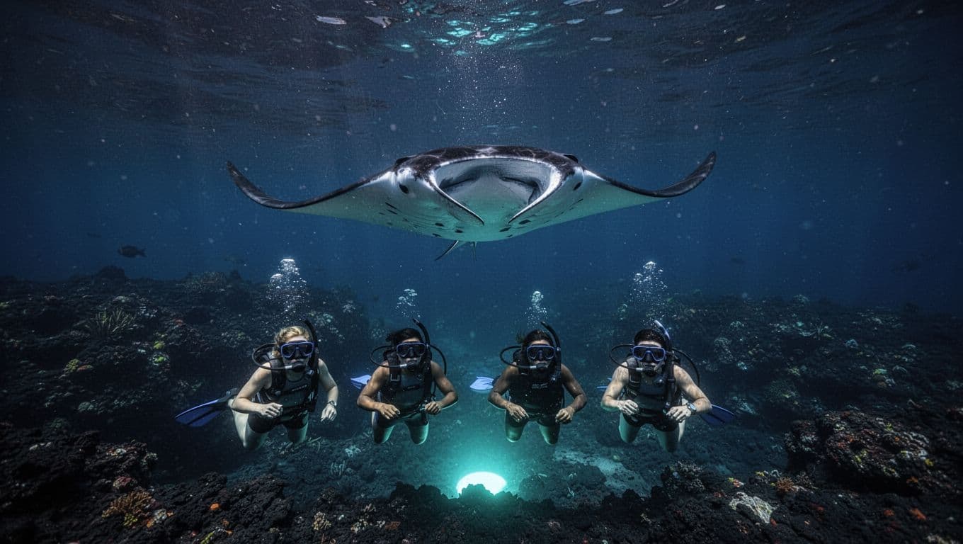 One manta ray glides above four snorkelers in dark Hawaiian water.