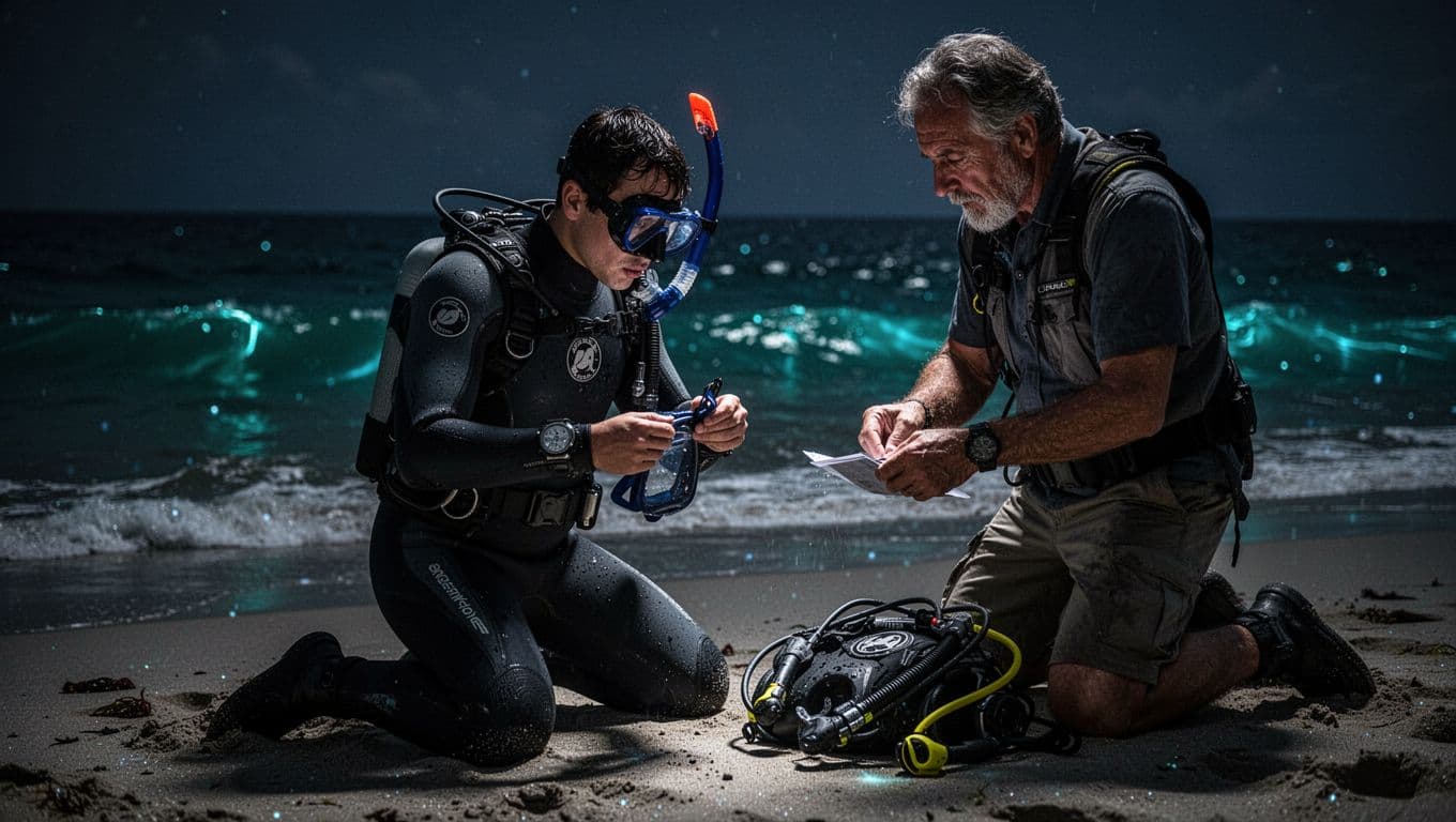 A person in snorkeling gear checks equipment beside a small boat at dusk, with deep shadows, glowing cyan reflections on the water, and a cinematic night-ocean atmosphere.