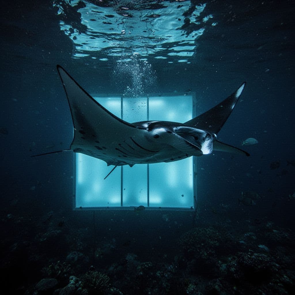A graceful manta ray glides through the dark Kona waters, passing close to a glowing blue light board held by snorkelers. High contrast highlights the creature's expansive wingspan against deep ocean.