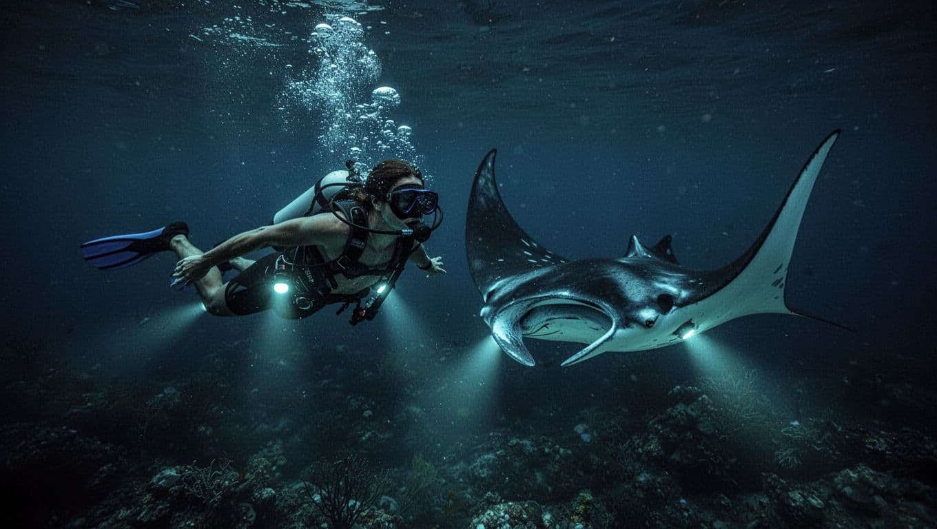 A diver floats in the dark Pacific Ocean at night, illuminated by bright underwater lights. A large manta ray glides gracefully through the glowing water, creating a sharp contrast against deep shadows.