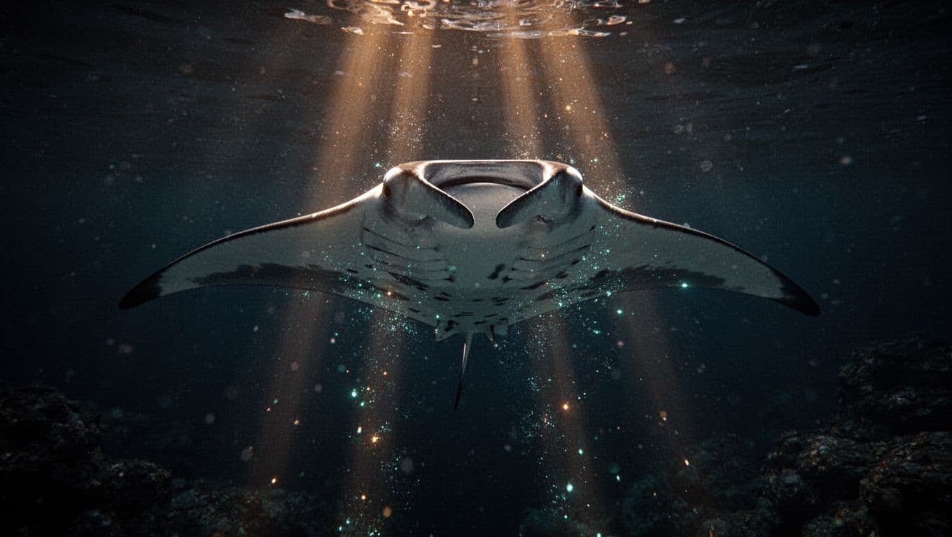 A large manta ray with cyan highlights swims gracefully through dark ocean water at night.