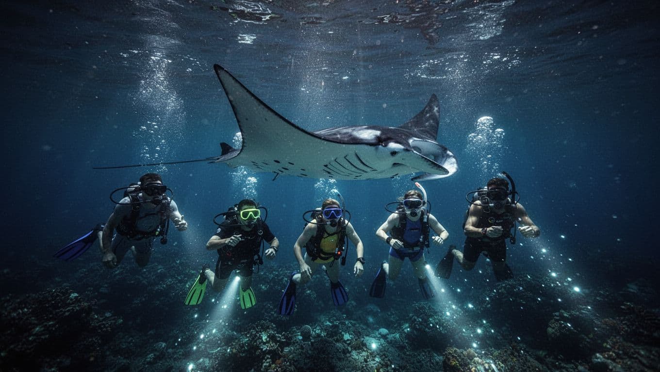 A massive manta ray glides through dark ocean waters near three snorkelers. Bright artificial lights illuminate the scene, casting a sparkling cyan glow against the deep blue, clear night sea.