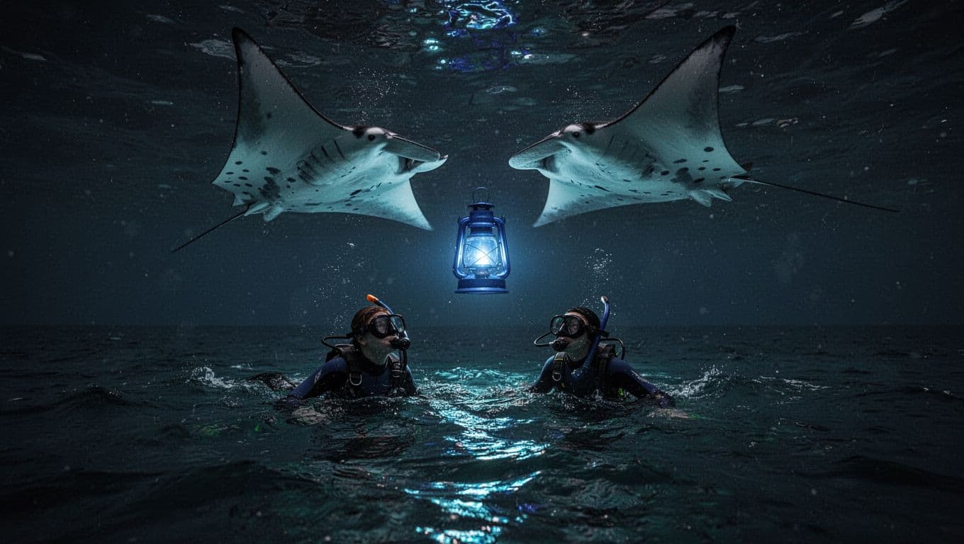 Snorkelers float in the dark sea watching giant manta rays near a bright blue light.