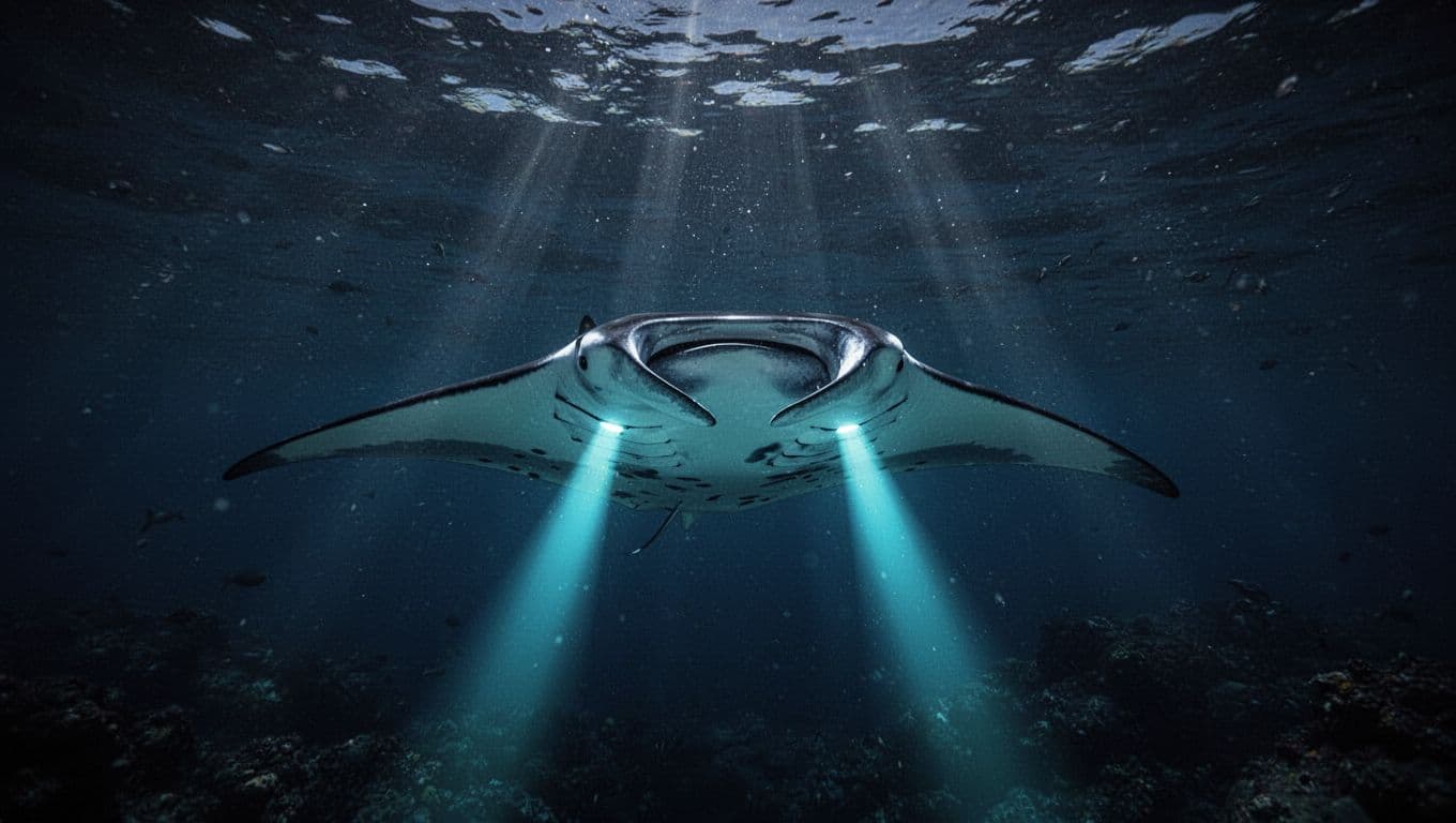 A massive manta ray glides through dark ocean waters while vibrant cyan beams from surface lights illuminate its wide, speckled underside. The creature appears to float effortlessly in the deep blue.