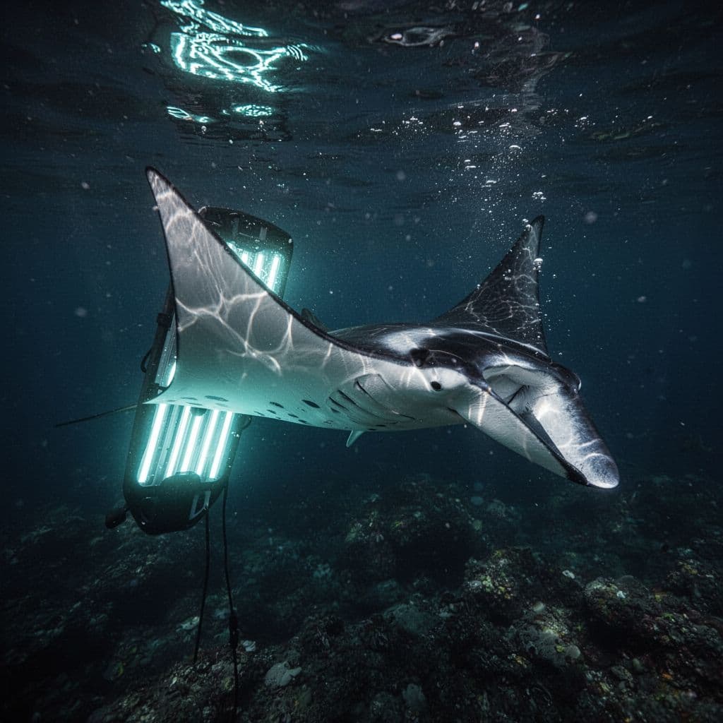 A graceful manta ray glides through dark ocean waters toward a bright, illuminated snorkel board. Shimmering cyan light reflects off the ray's underside, creating high-contrast silhouettes in the deep sea.