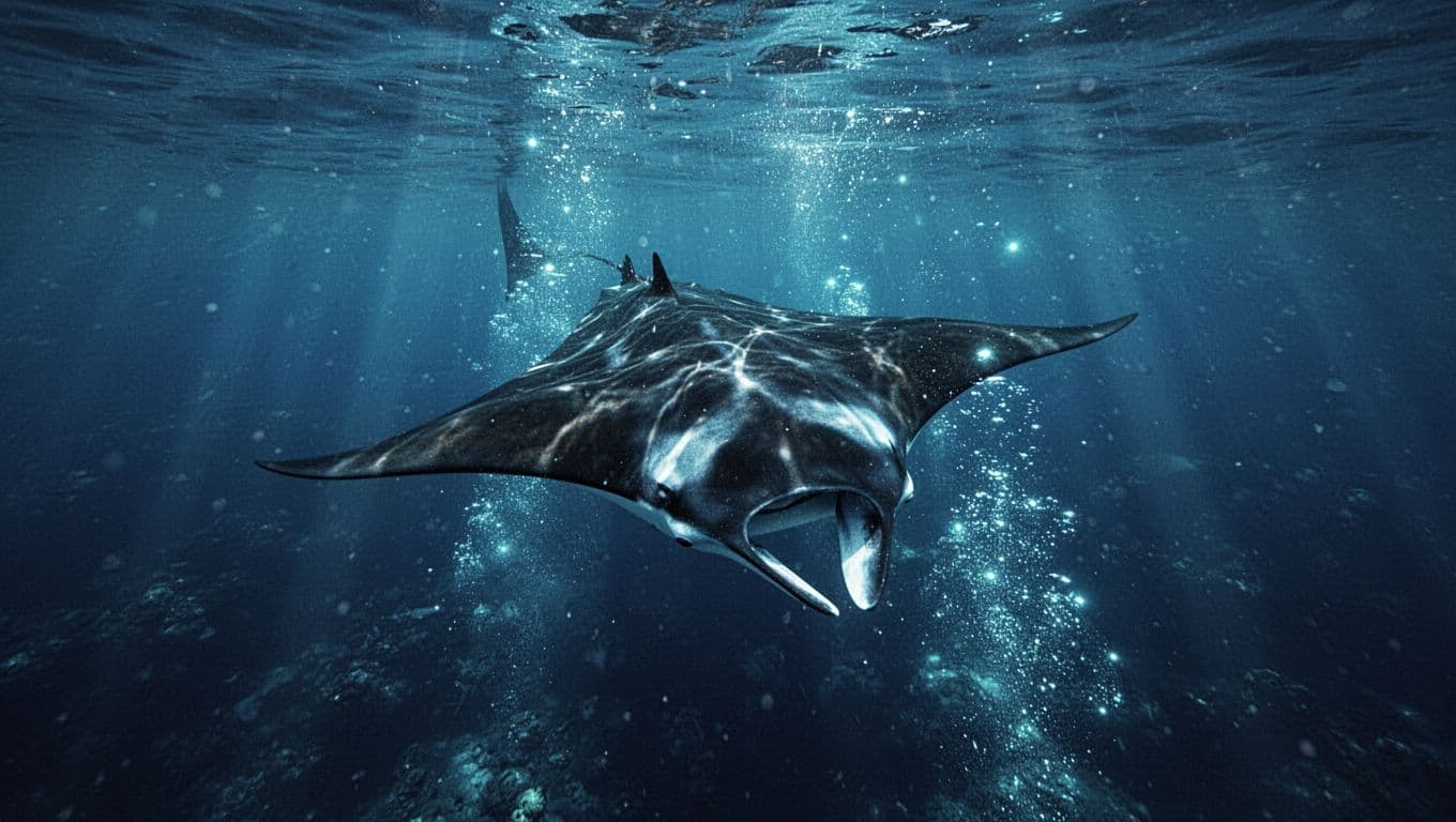 A single giant manta ray glides through dark ocean water, illuminated by artificial blue spotlights. Sparkling cyan highlights define its wide wingspan against the deep, mysterious, and high-contrast marine background.