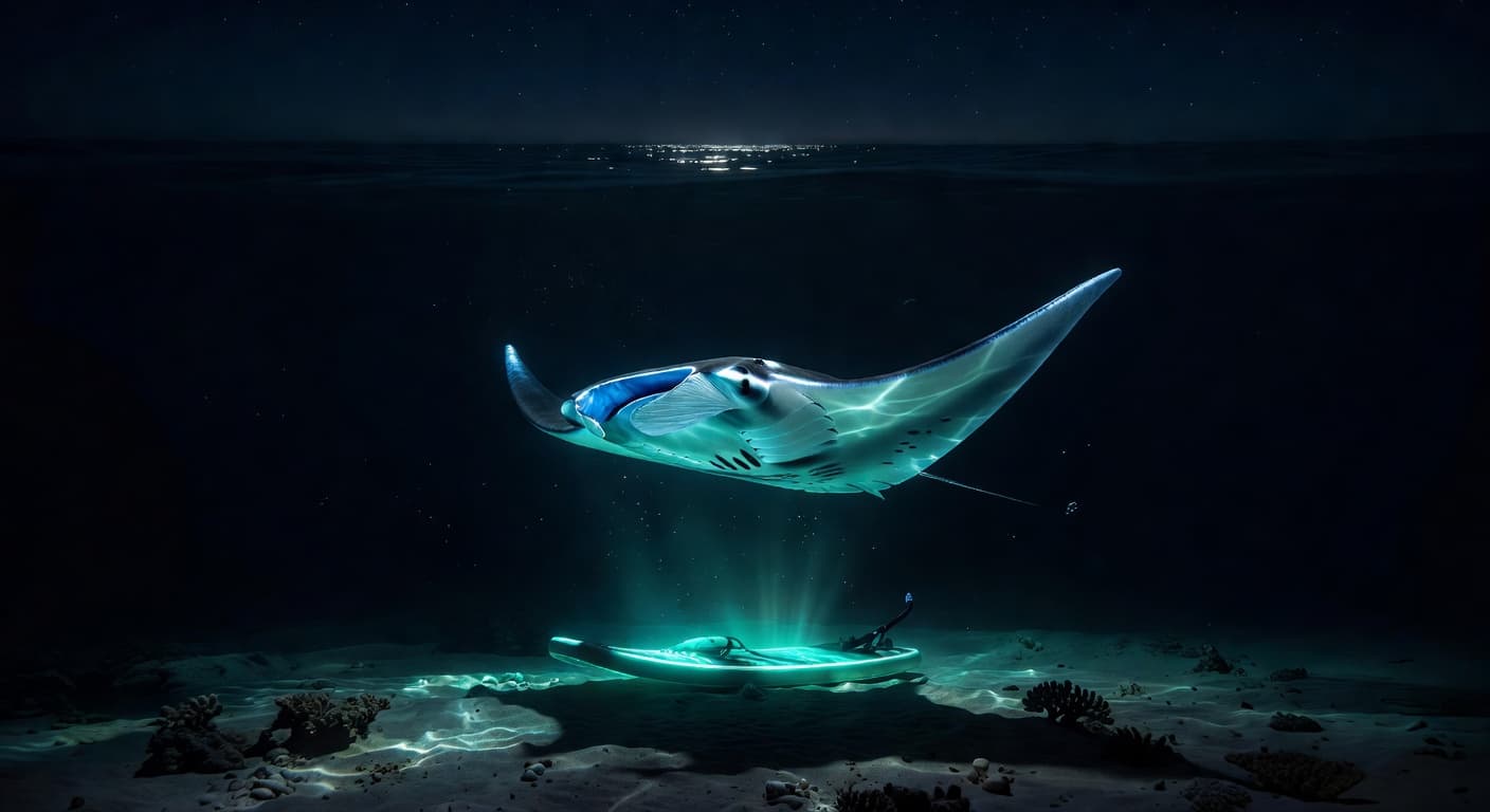 A graceful manta ray glides through the dark ocean depths, illuminated by the vivid cyan glow from a surface snorkel board. The contrasting light highlights its wide wings and sleek skin.