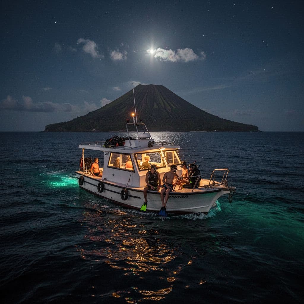 A small illuminated tour boat floats on the dark ocean water during a night excursion.