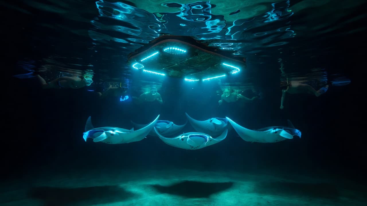 Snorkelers float in dark water around a glowing board that emits brilliant cyan light. Large, graceful manta rays glide directly beneath the swimmers, their silhouettes stark against the shimmering surface reflections.