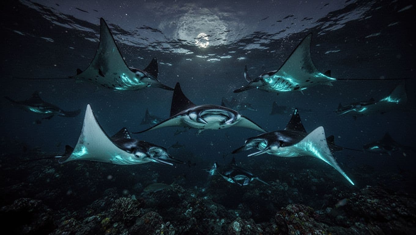 Giant manta rays swimming in the dark ocean near glowing underwater lights.