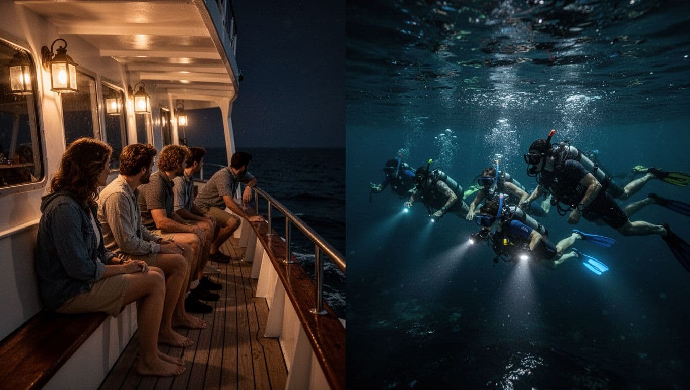A split view showing passengers observing from a dark boat deck beside snorkelers swimming with underwater lights.