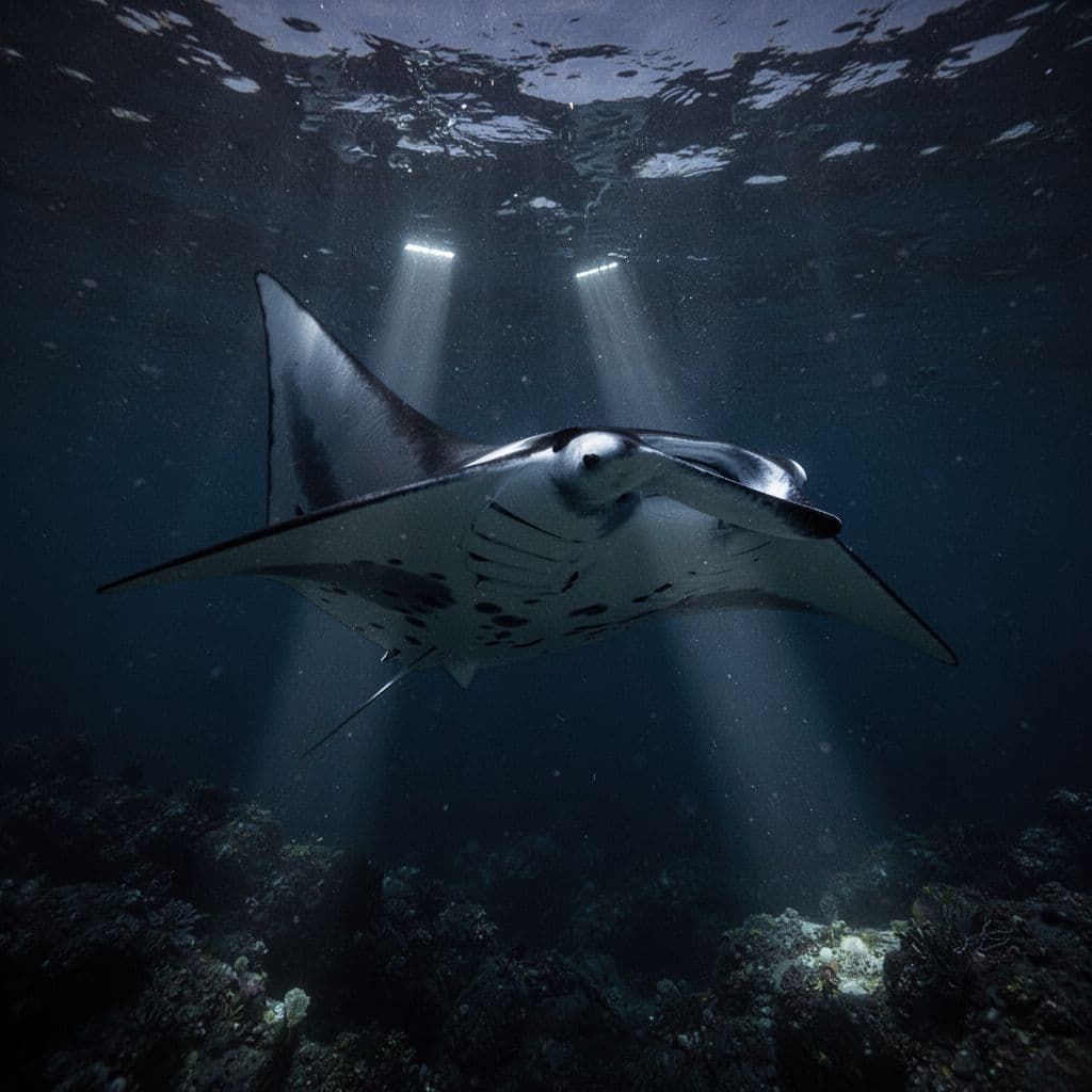A single manta ray glides through dark ocean waters illuminated by bright artificial underwater lights.