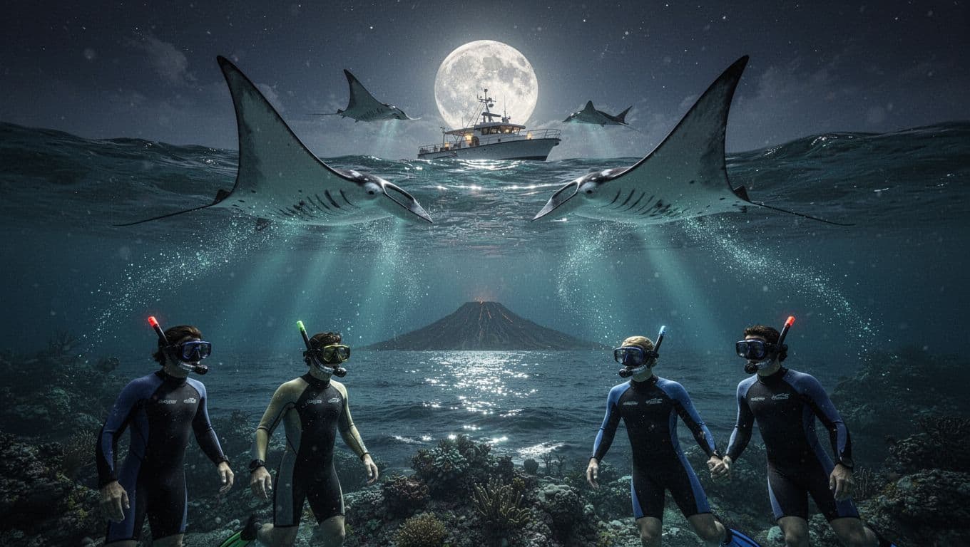 Graceful manta rays glide near the surface in the dark Pacific Ocean at night, attracted by boat lights illuminating plankton trails, with full moon reflections and two snorkelers nearby.