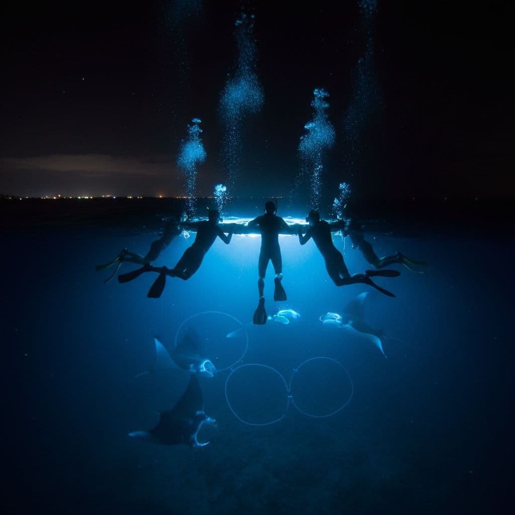 Snorkelers hold a glowing underwater board as light illuminates the dark Pacific ocean depths.