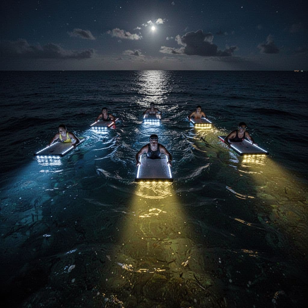 Five snorkelers hold onto illuminated boards as they float in dark ocean water at night.