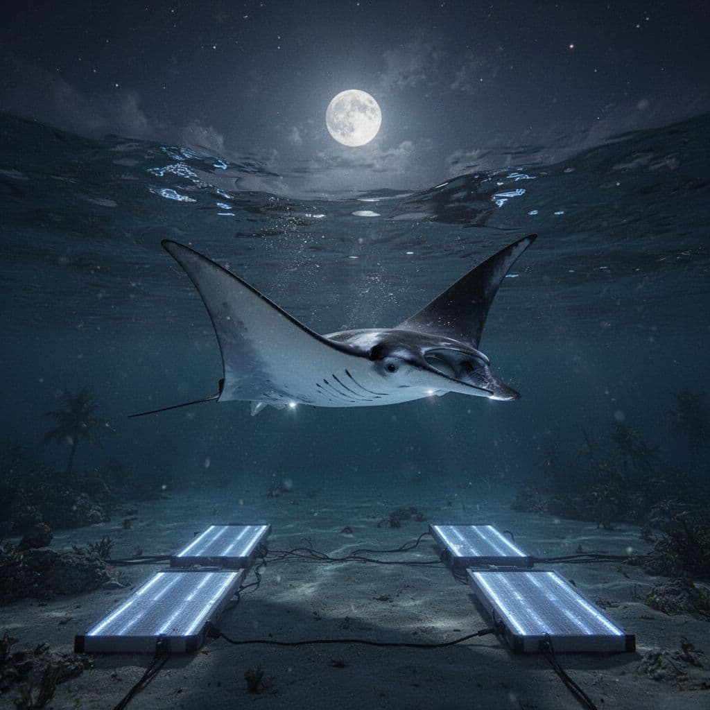 A manta ray glides through calm ocean waters illuminated by bright underwater light boards at night.